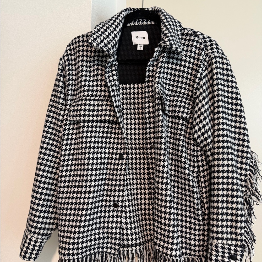 Forever 21 Black & White Houndstooth Fringe Jean Jacket